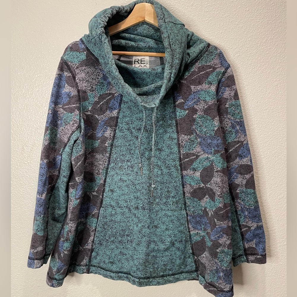 Lynn Ritchie Teal & Blue Cowl Neck Mixed Media Pullover Hoodie Size XL